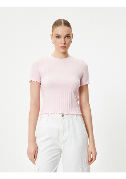 Crop Tişört Kısa Kollu Bisiklet Yaka Dokulu Pamuklu modelleri