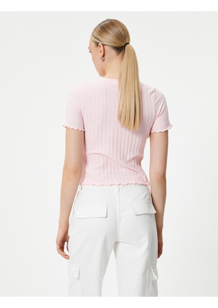 Crop Tişört Kısa Kollu Bisiklet Yaka Dokulu Pamuklu fırsatları