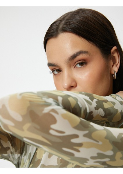 Transparan Tişört Uzun Kollu Kamuflaj Desenli
