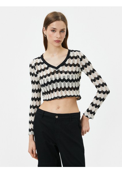 Ajurlu Crop Kazak V Yaka Uzun Kollu modelleri