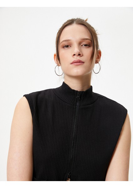 Kolsuz Hırka Dik Yaka Çift Taraflı Fermuarlı Cepli Slim Fit