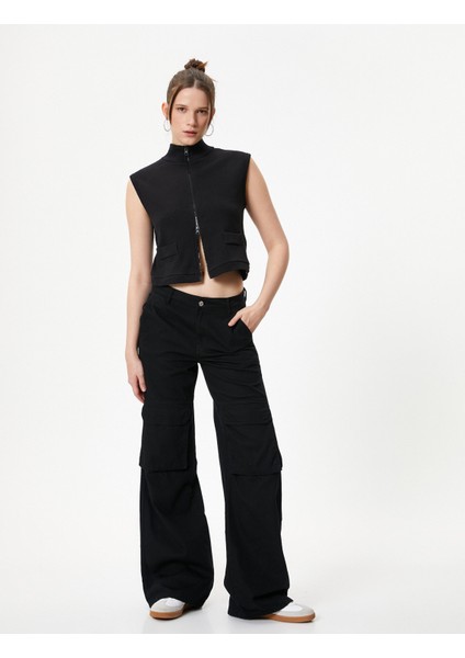 Kolsuz Hırka Dik Yaka Çift Taraflı Fermuarlı Cepli Slim Fit