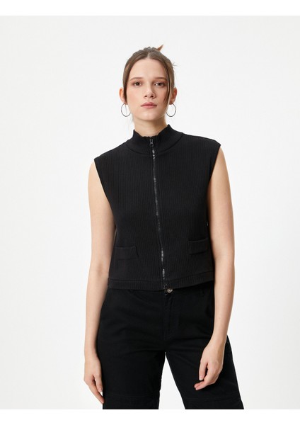 Kolsuz Hırka Dik Yaka Çift Taraflı Fermuarlı Cepli Slim Fit