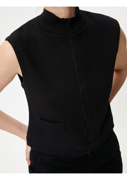 Kolsuz Hırka Dik Yaka Çift Taraflı Fermuarlı Cepli Slim Fit