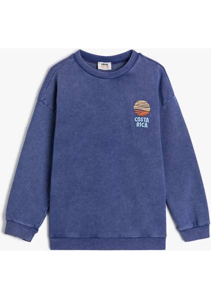 Sweatshirt Uzun Kollu Bisiklet Yaka Işlemeli Pamuklu