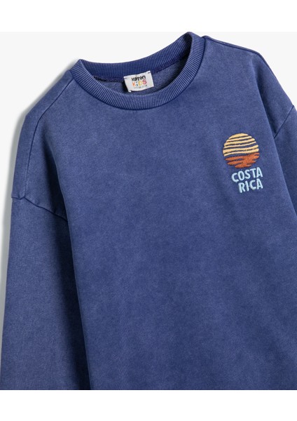 Sweatshirt Uzun Kollu Bisiklet Yaka Işlemeli Pamuklu