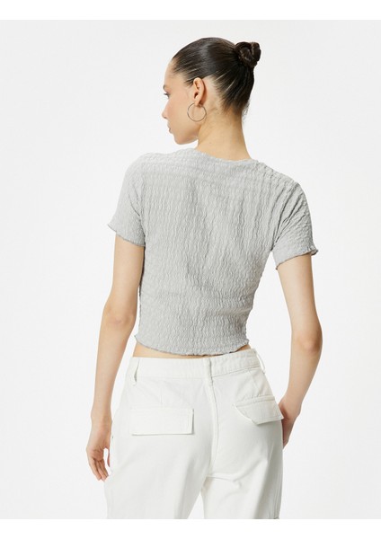Dokulu Crop Tişört Kısa Kollu Bisiklet Yaka Slim Fit fırsatları