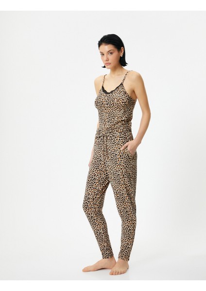 Leopar Desenli Pijama Altı Beli Bağcıklı Cepli