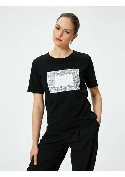 Baskılı Tişört Bisiklet Yaka Kısa Kollu Pamuklu