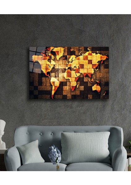 3 Boyutlu Ahşap Görünümlü Dünya Haritası Cam Tablo, 3d Wooden Pattern World Map 110 x 70 cm-Mıyrem