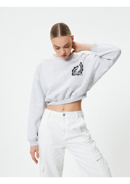 Crop Sweatshirt Bisiklet Yaka Baskılı