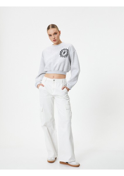 Crop Sweatshirt Bisiklet Yaka Baskılı
