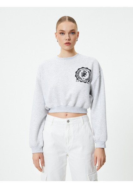Crop Sweatshirt Bisiklet Yaka Baskılı