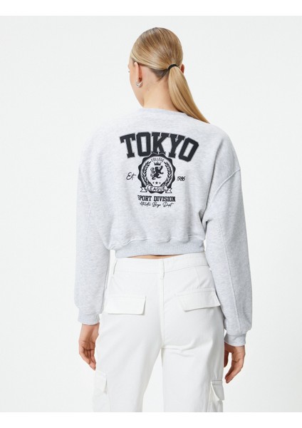 Crop Sweatshirt Bisiklet Yaka Baskılı