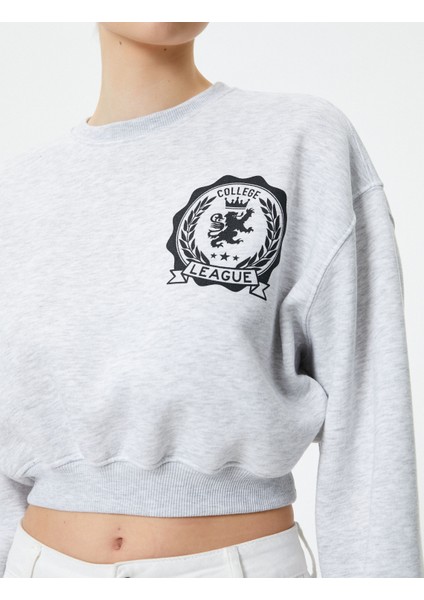 Crop Sweatshirt Bisiklet Yaka Baskılı