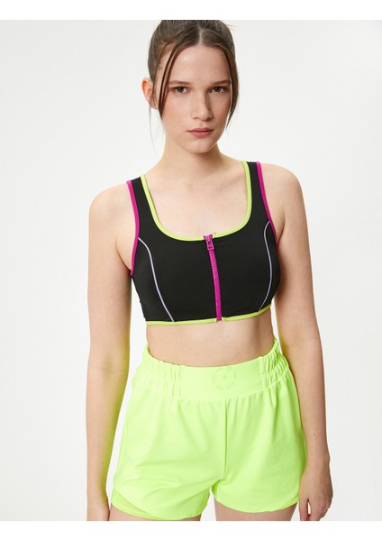 Fermuarlı Sporcu Sütyeni Kaplı Slim Fit U Yaka