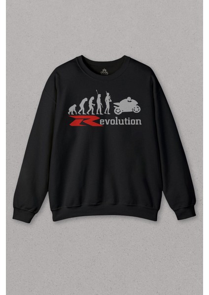 Unisex Siyah Sweatshirt Evolution Human Evrim Motosiklet Baskılı Sweat