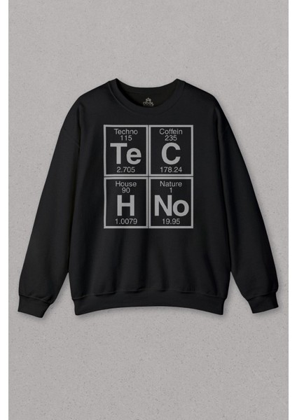 Unisex Siyah Sweatshirt Techno Festival Music House Periyodik Tablo Baskılı Sweat