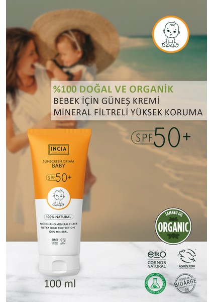 %100 Doğal Bebek Güneş Kremi Leke Karşıtı Mineral Filtreli Yüksek Koruma SPF50 UVA UVB 100 ml