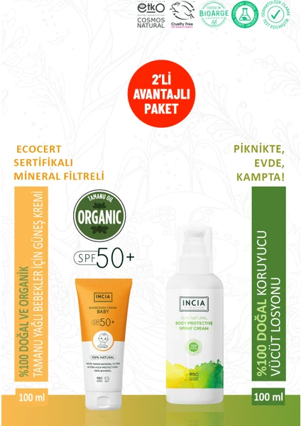 %100 Doğal Bebek Güneş Kremi SPF50+ 100 ml & %100 Doğal Vücut Koruyucu ve Sinek Kovucu Sprey 100 ml