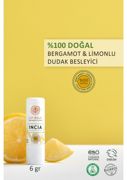 %100 Doğal Dudak Besleyici Bergamot & Limon Bitkisel Nemlendirici Dudak Bakım Kremi 6 G