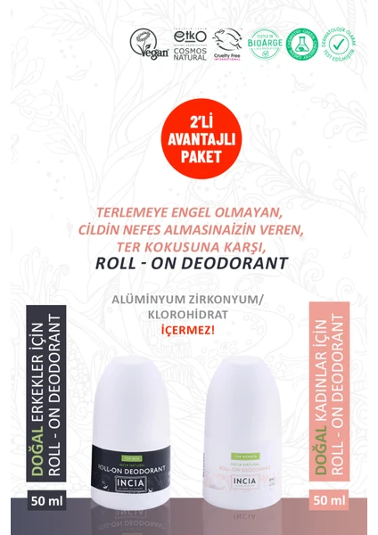 %100 Doğal Roll-on Kadın & Erkek Deodorant Lekesiz 50 ml 2'li Set