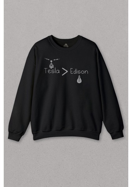 Unisex Siyah Sweatshirt Ac Dc Nikola Tesla Edison Doğru Akım Baskılı Sweat