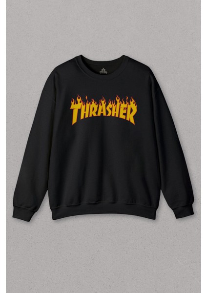 Unisex Siyah Sweatshirt Trasher Music Flame Blaze Skateboard Metal Hip Hop Baskılı Sweat