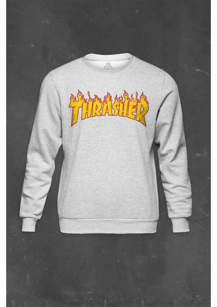 Gri Sweatshirt Music Trasher Flame Blaze Skateboard Hip Hop Baskılı Unisex Sweat