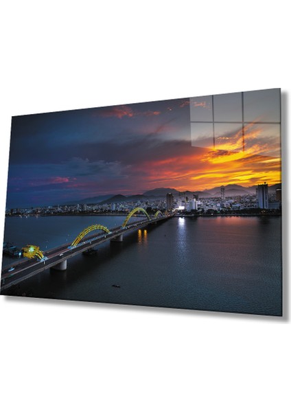 Gün Batımı Şehir Köprü Manzara Cam Tablo 36 x 23-Mıyrem