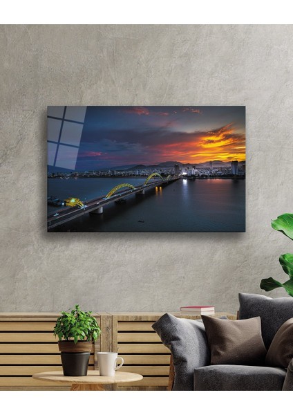 Gün Batımı Şehir Köprü Manzara Cam Tablo 36 x 23-Mıyrem