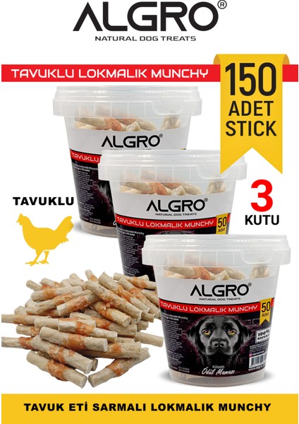 %100 Tavuk Göğüs Etli Lokmalık Munchy Stick 50 Adet Kapaklı Kova Ambalajda 3 Kutu