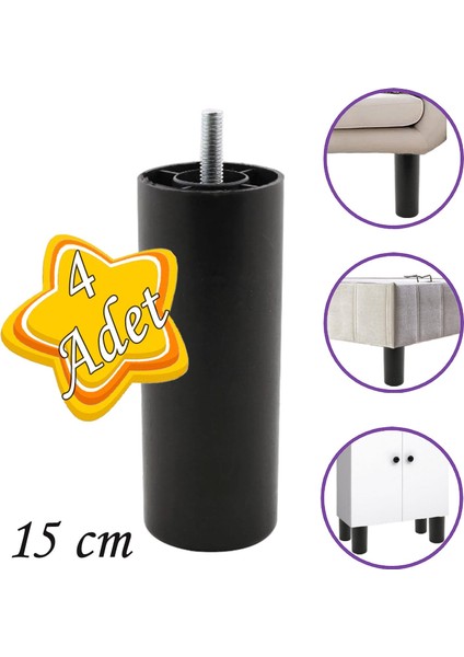 4 Adet Silindir Destek Ayağı 15 cm Siyah Gizli Ayak Mobilya Kanepe Baza Koltuk Dolap Sehpa Tv Ünitesi Ayağı