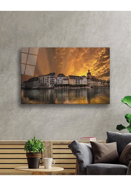 Gün Batımı Şehir Göl Cam Tablomiyremsunset City Lake Painting 36X23-MIYREM fiyatları