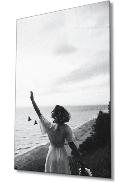 Kadın Deniz Çiçek Özgürlük Şiir Cam TABLOMIYREM36X23-MIYREM