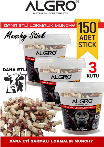 %100 Dana Etli Lokmalık Munchy Stick 50 Adet Kapaklı Kova Ambalajda 3 Kutu