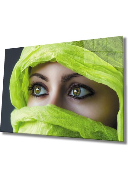 Fıstık Yeşili Peçe Yeşil Gözlü Kadın Cam Tablo 36X23-MIYREM
