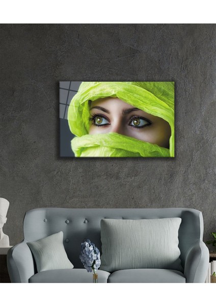 Fıstık Yeşili Peçe Yeşil Gözlü Kadın Cam Tablo 36X23-MIYREM fiyatları