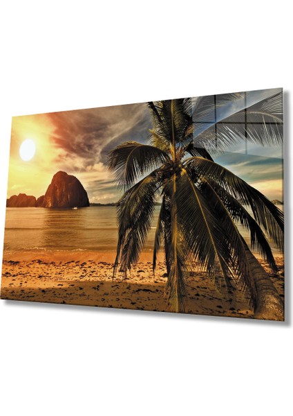 Gün Batımı Deniz Palmiye Manzara Cam Tablo 36X23-MIYREM