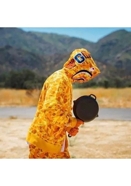 Erkek 2 Iplik Bape Kapüşonu Fermuarlı Hırka - Sarı