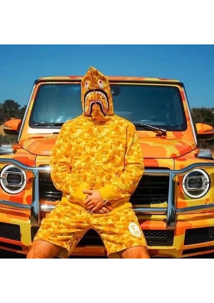 Erkek 2 Iplik Bape Kapüşonu Fermuarlı Hırka - Sarı