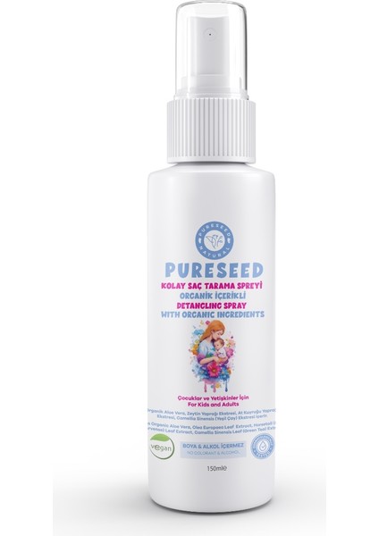 Pureseed Natural Organik Içerikli Kolay Saç Tarama Spreyi - 150 ml - Yetişkin ve Çocuk