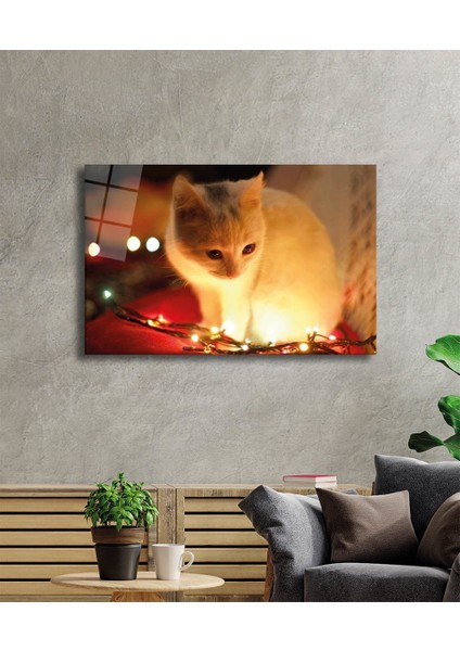 Beyaz Kedi ve Sarı Işık Cam Tablo Yellow Cat And Lights 36X23-MIYREM fiyatları