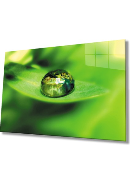 Su Damlası Yeşil Yaprak Cam Tablo 36X23-MIYREM