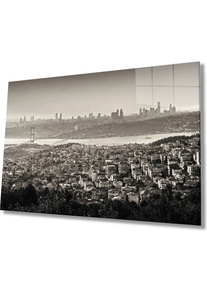 Siyah Beyaz Istanbul Kuş Bakışı Manzaralı Cam Tablo 36X23-MIYREM