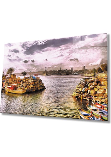 Deniz ve Kayıklar Manzara Cam Tablo 36X23-MIYREM