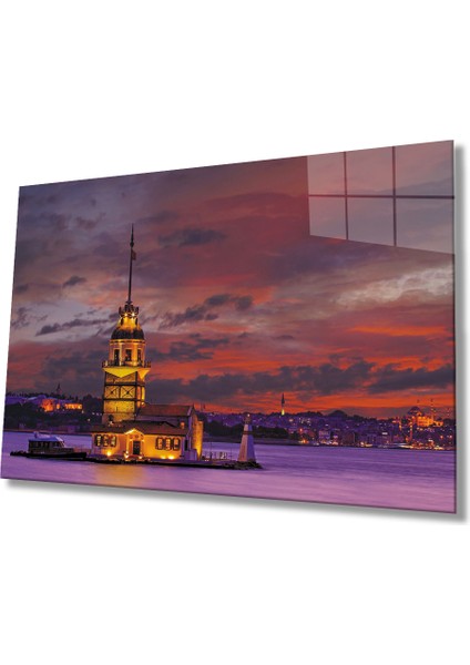 Kızıl Gökyüzü Kız Kulesi Manzaralı Cam Tablo 36X23-MIYREM