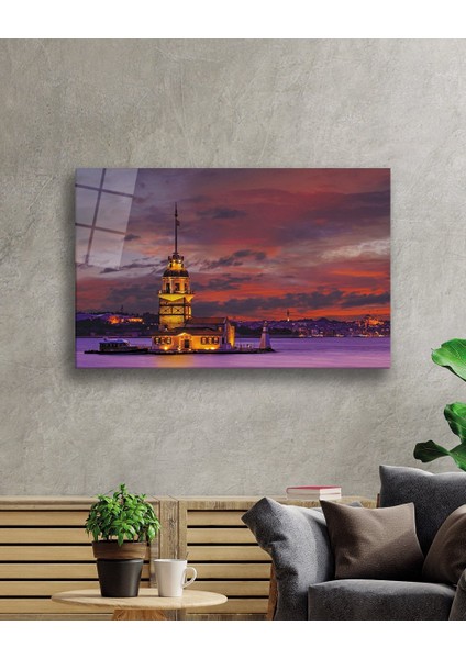 Kızıl Gökyüzü Kız Kulesi Manzaralı Cam Tablo 36X23-MIYREM