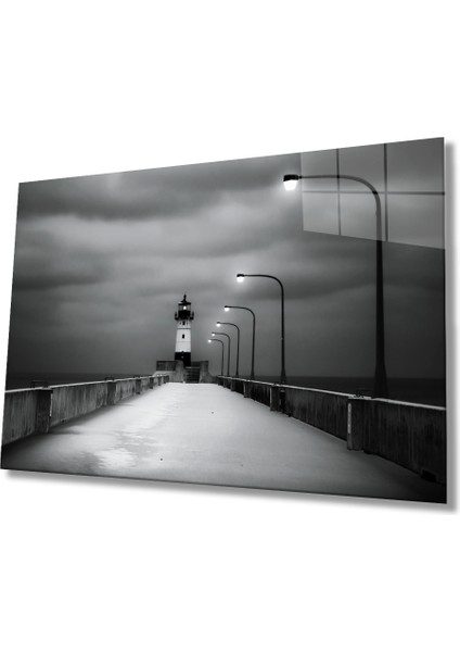 Deniz Feneri Siyah Beyaz Cam Tablo 36X23-MIYREM