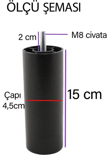 8 Adet Silindir Destek Ayağı 15 cm Siyah Gizli Ayak Mobilya Kanepe Baza Koltuk Dolap Sehpa Tv Ünitesi Ayağı